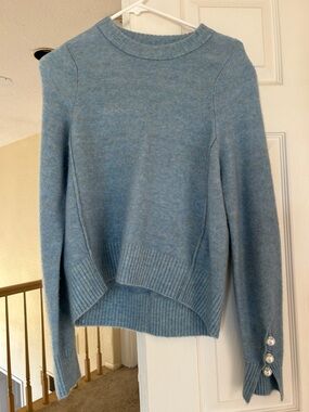 Light Blue Crewneck Sweater with Pearl Sleeve Buttons